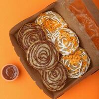 Chocolate and cheese paste served puri in a box photo