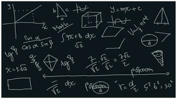 Doodle math formulas and numbers on black background. Mathematical formulas on a blackboard. Vector illustration. Eps 10