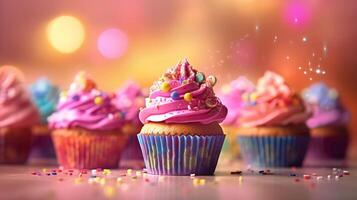 birthday cupcakes with blur background colorful balloons. photo