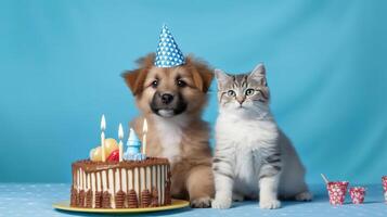 gato y perro vistiendo cumpleaños sombrero sonriente con cumpleaños pastel en mesa. generativo ai foto