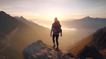 éxito mujer caminante excursionismo en amanecer montaña cima. generativo ai foto