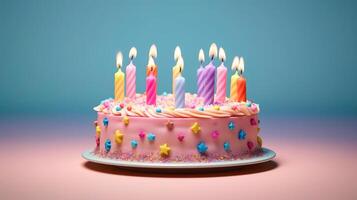 cumpleaños pastel decorado con vistoso asperja y diez velas en ligero rosado antecedentes con espacio Copiar texto o logo. generativo ai foto