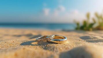 Pair wedding rings standing in sand on tropical beach with blur blue sea and blue sky. photo