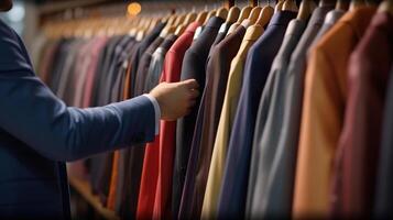 businessman hand choosing clothes from Fashion clothes on a rack. photo