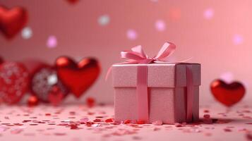 Valentine's Day pink background with red hearts and pink hearts paper with gift box. photo