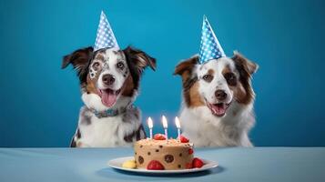 gato y perro vistiendo cumpleaños sombrero sonriente con cumpleaños pastel en mesa. generativo ai foto