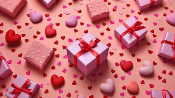 Valentine's Day red background with red hearts and pink hearts paper with gift box top view lay flat. photo