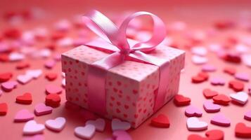 Valentine's Day pink background with red hearts and pink hearts paper with gift box. photo