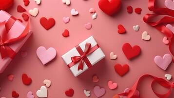 Valentine's Day red background with red hearts and pink hearts paper with gift box top view lay flat. photo