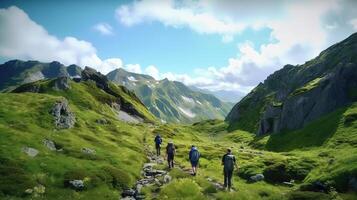 Group of hikers walks in green mountains with blue sky . photo