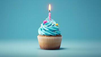 cumpleaños magdalena con un vela en ligero azul antecedentes con globos generativo ai foto