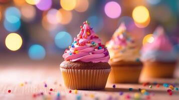 birthday cupcakes with blur background colorful balloons. photo