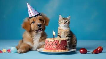 gato y perro vistiendo cumpleaños sombrero sonriente con cumpleaños pastel en mesa. generativo ai foto