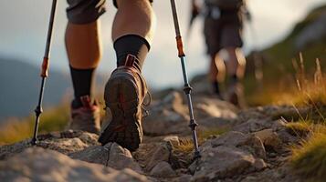 atención en Zapatos de recortando no reconocido caminante grupo de amigo con trekking palos sube escarpado en montaña camino. generativo ai foto