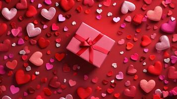 Valentine's Day red background with red hearts and pink hearts paper with gift box top view lay flat. photo
