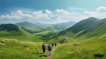 Group of hikers walks in green mountains with blue sky . photo
