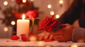 blur of Couple at a candle light dinner date holding hands with focus on bouquet of red roses on table. photo