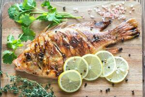 Grilled Tilapia with herbs on the wooden board photo