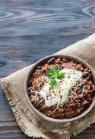 Bowl of chili con carne photo