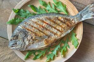 Grilled gilt-head bream with fresh arugula photo