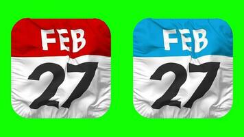 twintig zevende, 27e februari datum kalender naadloos looping schildknaap kleding icoon, lusvormige duidelijk kleding stof structuur golvend langzaam beweging, 3d weergave, groen scherm, alpha matte video