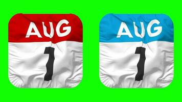 First, 1st August Date Calendar Seamless Looping Squire Cloth Icon, Looped Plain Fabric Texture Waving Slow Motion, 3D Rendering, Green Screen, Alpha Matte video