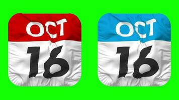 sedicesimo, 16 ° ottobre Data calendario senza soluzione di continuità looping scudiero stoffa icona, loop pianura tessuto struttura agitando lento movimento, 3d rendering, verde schermo, alfa Opaco video