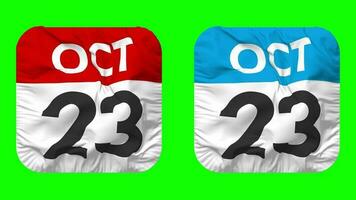 veinte tercero, 23 octubre fecha calendario sin costura bucle escudero paño icono, serpenteado llanura tela textura ondulación lento movimiento, 3d representación, verde pantalla, alfa mate video