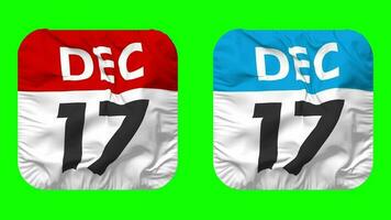 Seventeenth, 17th December Date Calendar Seamless Looping Squire Cloth Icon, Looped Plain Fabric Texture Waving Slow Motion, 3D Rendering, Green Screen, Alpha Matte video