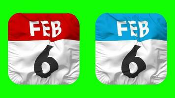 Sixth, 6th February Date Calendar Seamless Looping Squire Cloth Icon, Looped Plain Fabric Texture Waving Slow Motion, 3D Rendering, Green Screen, Alpha Matte video