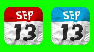 Thirteenth, 13th September Date Calendar Seamless Looping Squire Cloth Icon, Looped Plain Fabric Texture Waving Slow Motion, 3D Rendering, Green Screen, Alpha Matte video