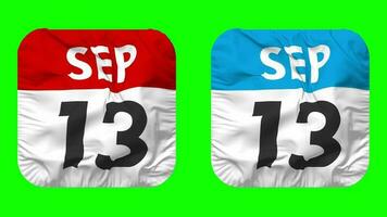 Thirteenth, 13th September Date Calendar Seamless Looping Squire Cloth Icon, Looped Plain Fabric Texture Waving Slow Motion, 3D Rendering, Green Screen, Alpha Matte video