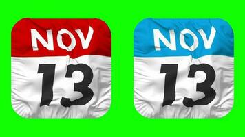 Thirteenth, 13th November Date Calendar Seamless Looping Squire Cloth Icon, Looped Plain Fabric Texture Waving Slow Motion, 3D Rendering, Green Screen, Alpha Matte video