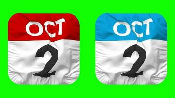 Second, 2nd October Date Calendar Seamless Looping Squire Cloth Icon, Looped Plain Fabric Texture Waving Slow Motion, 3D Rendering, Green Screen, Alpha Matte video