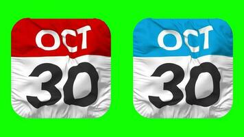 trentesimo, 30 ottobre Data calendario senza soluzione di continuità looping scudiero stoffa icona, loop pianura tessuto struttura agitando lento movimento, 3d rendering, verde schermo, alfa Opaco video