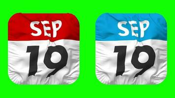 Nineteenth, 19th September Date Calendar Seamless Looping Squire Cloth Icon, Looped Plain Fabric Texture Waving Slow Motion, 3D Rendering, Green Screen, Alpha Matte video