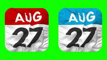 Twenty Seventh, 27th August Date Calendar Seamless Looping Squire Cloth Icon, Looped Plain Fabric Texture Waving Slow Motion, 3D Rendering, Green Screen, Alpha Matte video