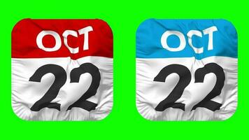 veinte segundo, 22 octubre fecha calendario sin costura bucle escudero paño icono, serpenteado llanura tela textura ondulación lento movimiento, 3d representación, verde pantalla, alfa mate video