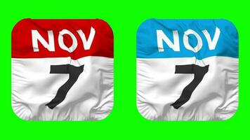 zevende, 7e november datum kalender naadloos looping schildknaap kleding icoon, lusvormige duidelijk kleding stof structuur golvend langzaam beweging, 3d weergave, groen scherm, alpha matte video