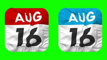decimosexto, 16 agosto fecha calendario sin costura bucle escudero paño icono, serpenteado llanura tela textura ondulación lento movimiento, 3d representación, verde pantalla, alfa mate video