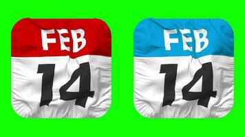 Fourteenth, 14th February Date Calendar Seamless Looping Squire Cloth Icon, Looped Plain Fabric Texture Waving Slow Motion, 3D Rendering, Green Screen, Alpha Matte video