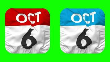 sechste, 6 .. Oktober Datum Kalender nahtlos Schleifen Knappe Stoff Symbol, geloopt einfach Stoff Textur winken schleppend Bewegung, 3d Wiedergabe, Grün Bildschirm, Alpha matt video