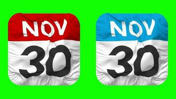 Thirtieth, 30th November Date Calendar Seamless Looping Squire Cloth Icon, Looped Plain Fabric Texture Waving Slow Motion, 3D Rendering, Green Screen, Alpha Matte video