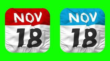 Eighteenth, 18th November Date Calendar Seamless Looping Squire Cloth Icon, Looped Plain Fabric Texture Waving Slow Motion, 3D Rendering, Green Screen, Alpha Matte video