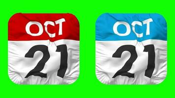 twintig eerst, 21e oktober datum kalender naadloos looping schildknaap kleding icoon, lusvormige duidelijk kleding stof structuur golvend langzaam beweging, 3d weergave, groen scherm, alpha matte video