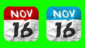 Sixteenth, 16th November Date Calendar Seamless Looping Squire Cloth Icon, Looped Plain Fabric Texture Waving Slow Motion, 3D Rendering, Green Screen, Alpha Matte video