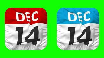 Fourteenth, 14th December Date Calendar Seamless Looping Squire Cloth Icon, Looped Plain Fabric Texture Waving Slow Motion, 3D Rendering, Green Screen, Alpha Matte video