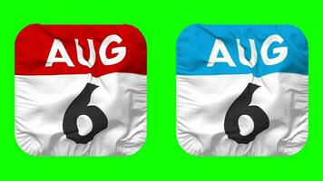 Sixth, 6th August Date Calendar Seamless Looping Squire Cloth Icon, Looped Plain Fabric Texture Waving Slow Motion, 3D Rendering, Green Screen, Alpha Matte video