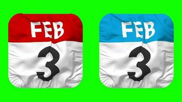 Third, 3rd February Date Calendar Seamless Looping Squire Cloth Icon, Looped Plain Fabric Texture Waving Slow Motion, 3D Rendering, Green Screen, Alpha Matte video