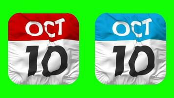 décimo, 10 octubre fecha calendario sin costura bucle escudero paño icono, serpenteado llanura tela textura ondulación lento movimiento, 3d representación, verde pantalla, alfa mate video